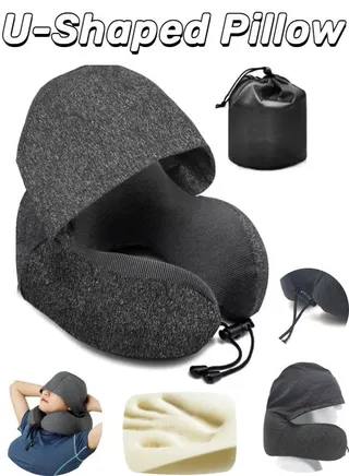 Hooded U-shaped Travel Pillow, Memory Foam Travel Pillow, Airplane Head and Neck Pillow, Portable Office Pillow, Car and Train Long Haul Flight Sleeping Pillow (Snowflake Black) 