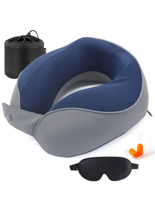 Memory Foam Neck Pillow with Eye Mask and Earplugs, Travel Neck Flight Pillow with Attachable Snap Strap Soft Washable Cover, Ergonomic Support for Restful Sleep on the Go, Light Grey 