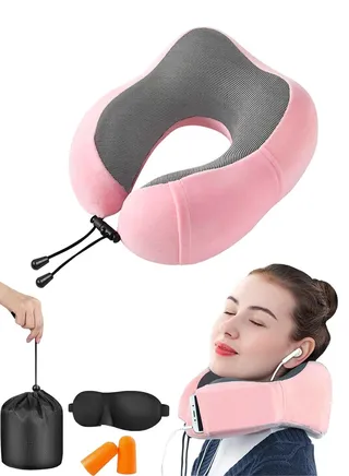 Travel Pillow, 100% Pure Memory Foam Neck Pillow, Luxury Airplane Travel Kit with Eye Masks, Earplugs and Bag, Neck Support Pillow for Travel, Sleeping Pillow, Airplane Pillow, Head Support Pillow 