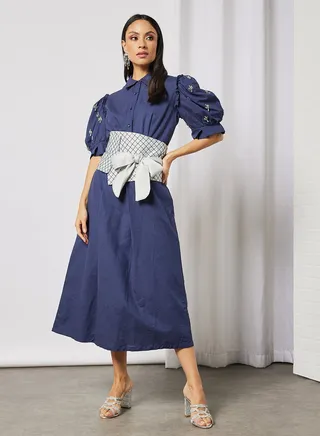 Contrast Belt Embellished Sleeve Midi Dress Navy 