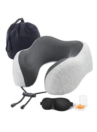Travel Pillow Set, 100% Pure Memory Foam Neck Pillow, U-Shape Head Pillow Airplane Travel Kit with 3D Contoured Eye Masks Earplugs and Storage Bag - Grey 