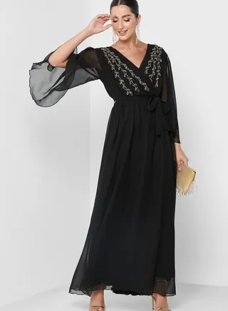 Surplice Neck Embellished Plisse Dress 