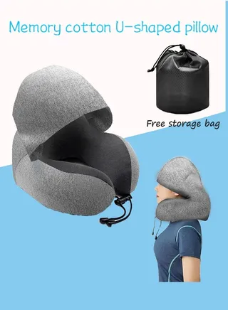Hooded U-Shaped Travel Pillow，Memory Foam Travel Pillow，Adult Airplane Pillow for Head Rest Neck Support, Portable Pillow for Office Cars Trains Long Flights Sleeping (Grey) 