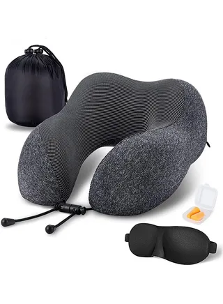 Travel Pillow 100% Pure Memory Foam Neck Pillow, Comfortable & Breathable Cover, Machine Washable, Airplane Travel Kit with 3D Sleep Mask, Earplugs, and Luxury Bag (Dark Gray) 