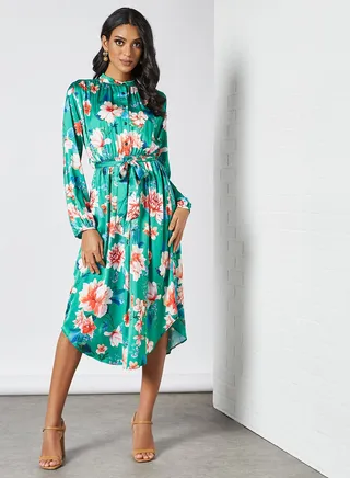 Floral Asymmetric Hem Dress Green 