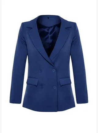 Navy Blue Regular Lined Double Breasted Closure Woven Blazer Jacket