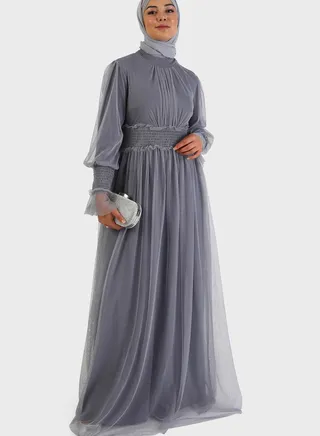 Ruched Waist Mesh Tiered Dress