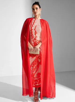 Cape Sleeve Lace Detail Dress 