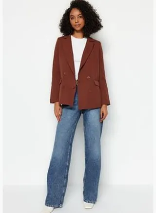 Brown Regular Lined Double Breasted Blazer with Closure TWOAW21CE0272