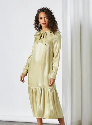 Satin Tie-Up Neck Midi Dress Gold 