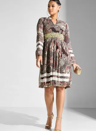 High Neck Floral Printed Pleated Dress 