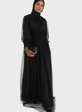 Ruched Waist Mesh Tiered Dress 