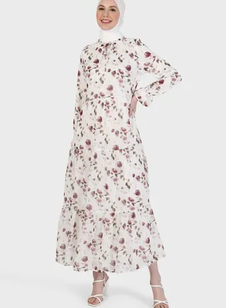 Floral Print Tie-up Neck Dress 