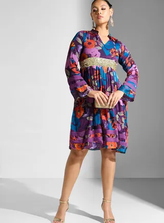 High Neck Floral Printed Pleated Dress 