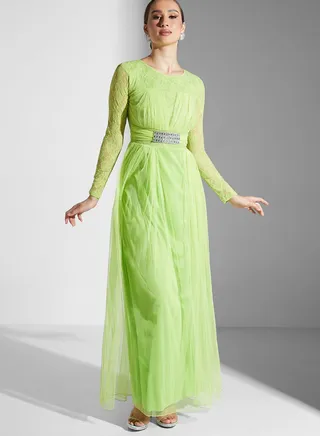 Net With Lace Long Sleeve Dress 