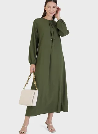Tie Neck Balloon Sleeve Dress 