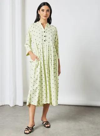 All Over Printed Mandarin Neck Midi Dress Multicolour 