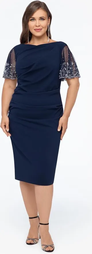 Beaded Sleeve Short Scuba Crepe Dress