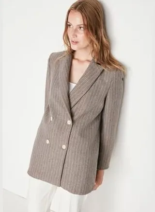 Brown Regular Lined Double Breasted Closure Woven Striped Blazer Jacket