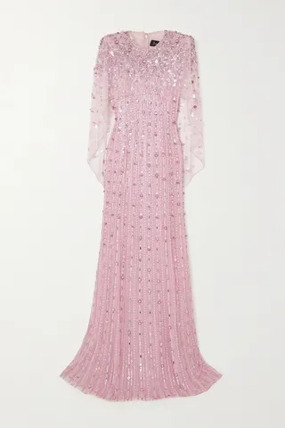 Jenny Packham - Nettie Embellished Cape-effect Tulle And Satin Gown - Pink