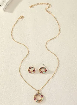 3pcs/set Glamorous Zinc Alloy Rhinestone Flower Decor Jewelry Set 