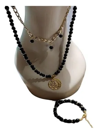 Set of Necklace and Bracelet with a Pendant made of Black Gemstones 