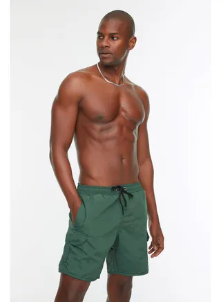 Green Men's Standard Size Swim Shorts with Cargo Pockets 