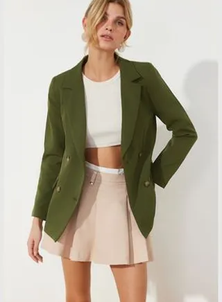 Dark Khaki Regular Lined Double-Breasted Woven Blazer Jacket TWOSS21CE0107