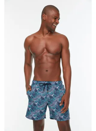 Navy Blue Men's Printed Standard Size Swim Shorts 