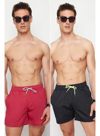 Black - Claret Red Men's 2-Pack Basic Swim Shorts 
