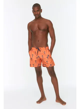 Salmon Men's Tropical Printed Standard Size Swimwear, Seafood Shorts. 