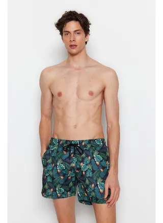 Green Men's Tropical Printed Standard Size Swimsuit Sea Shorts 