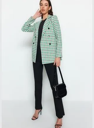 Green Regular Lined Double Breasted Closure Plaid Woven Blazer Jacket TWOSS22CE0088