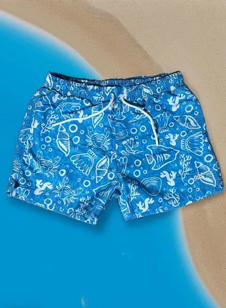 Ocean Printed Polyester Waterproof Swimming Wear, Light Blue. 