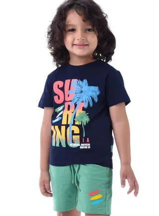 Victor & Jane Boys' Comfortable 2-Piece T-Shirt & Shorts Set (2-8 Years)- Navy & Green, 100% Cotton 