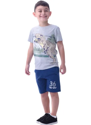 Kids Boys 2-Piece Set T-Shirt & Shorts (2-8 Years) - Grey & Navy, 100% Cotton 