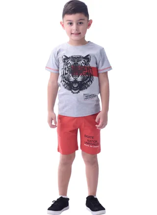 Kids Boys Set Comfortable 2-Piece T-Shirt & Shorts Set (2-8 Years) - Grey & Rust 