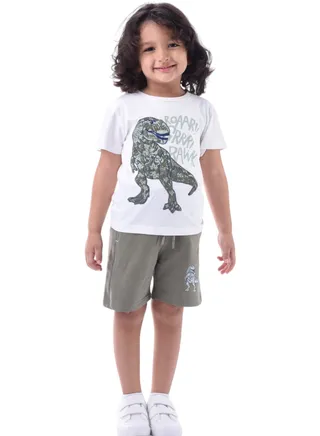 Kids Boys Set Comfortable 2-Piece T-Shirt & Shorts Set (2-8 Years) - Off-White & Olive 