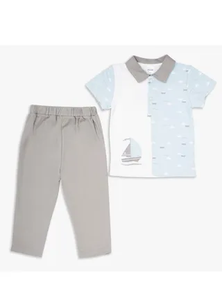 MOON 100% Cotton Polo T-Shirt and Long Pant 18-24M Teal - Little Boat 