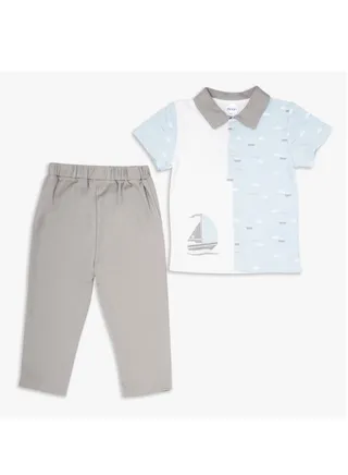 MOON 100% Cotton Polo T-Shirt and Long Pant 12-18M Teal - Little Boat 