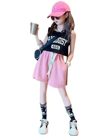 Girl's Summer 2 Piece Outfit Sleeveless T-shirt and Short Pant Set 