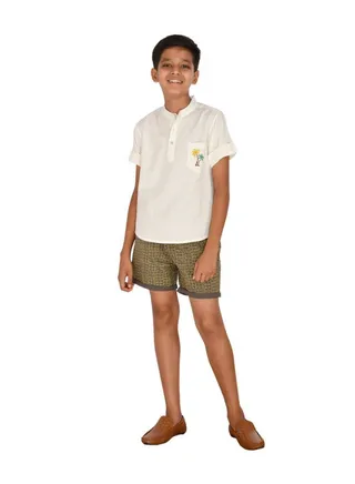 Pure cotton  shirt with palm trees embroidery and short set for boys 