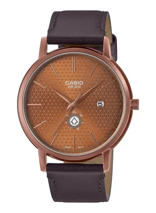 Men Watch Analog Brown Dial Leather Band Rose Gold Ion Plated Case MTP-B125RL-5AVDF 
