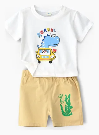 Dino Printed T-Shirt And Shorts Set White/Beige 