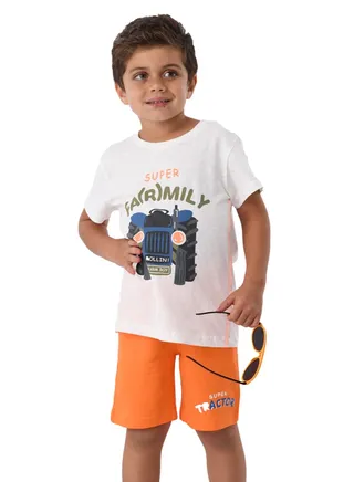 Urbasy Kids Boys Printed Round Neck Ivory T-Shirt With Orange Shorts 