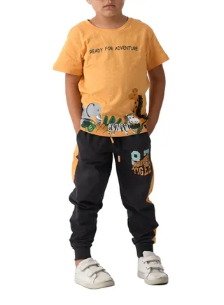 Urbasy Kids Boys Printed Round Neck Mustard  T-Shirt With Dark grey Jogger pants set 