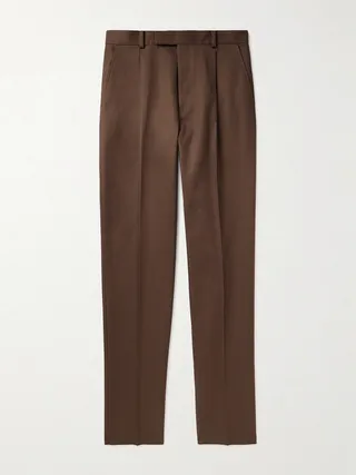 Straight-Leg Pleated Cotton-Twill Trousers