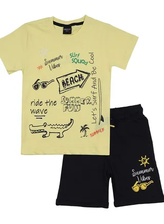 Urbasy Kids Boys Printed Round Neck lemon yellow T-Shirt With Navy Blue Shorts 