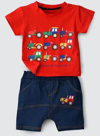 Tractors Printed T-Shirt And Shorts Set Red/Blue 