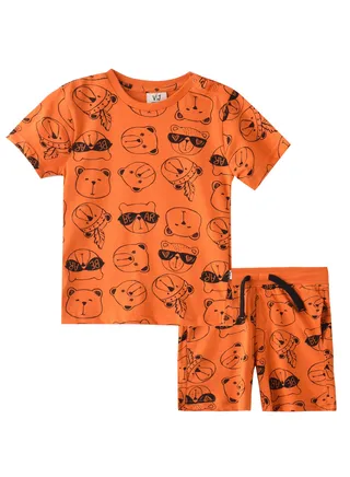 Baby Boys 2 piece Set - T-Shirts & Shorts - All over Printed AOP Orange (100% Cotton)- VJ 